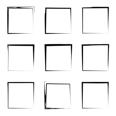 Koleksiyon veya sanatsal siyah boya el kümesi yaratıcı grungy fırça konturu kare kare veya beyaz arka plan üzerinde izole sınırları yaptı. Bir grunge eğitim kroki soyut yaratıcı mürekkep tasarım