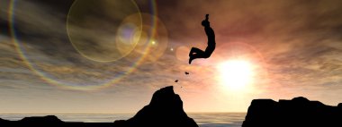 Kavram ya da kavramsal 3d resimde genç adam ya da işadamı siluet atlamak mutlu uçurumun üzerinden su gap gündoğumu veya günbatımı gökyüzü arka plan afiş