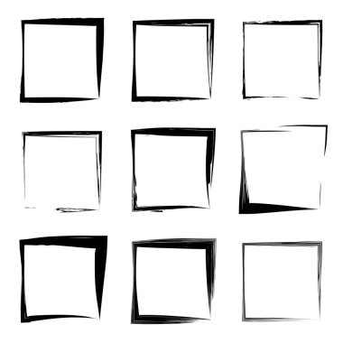 Koleksiyon veya sanatsal siyah boya el kümesi yaratıcı grungy fırça konturu kare kare veya beyaz arka plan üzerinde izole sınırları yaptı. Bir grunge eğitim kroki soyut yaratıcı mürekkep tasarım