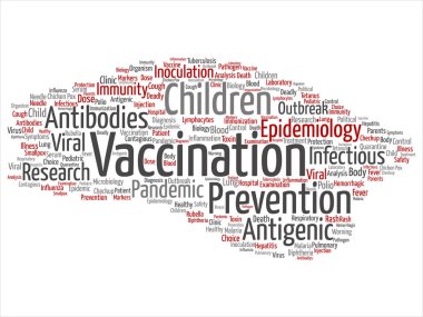 Kavram ya da kavramsal çocuk aşı viral önleme soyut kelime izole bulut arka plan. Bulaşıcı antijenik kolaj, antikor, epidemiyoloji aşı veya aşı metin