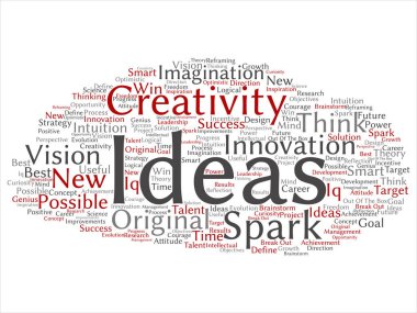 Kavram ya da soyut kelime beyin fırtınası kavramsal yaratıcı yeni bir fikir üzerinde izole arka plan bulut. Spark yaratıcılık, özgün yenilik vizyon, düşünmek, başarı, akıllı dahi metin kolaj