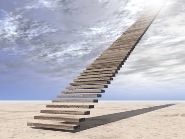 Kavram ya da kavramsal 3d illüstrasyon merdiven merdiven cennete çölde bulutlu gökyüzü arka plan üzerinde
