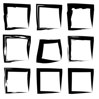 Koleksiyon veya sanatsal siyah boya el kümesi yaratıcı grungy fırça konturu kare kare veya beyaz arka plan üzerinde izole sınırları yaptı. Bir grunge eğitim kroki soyut yaratıcı mürekkep tasarım