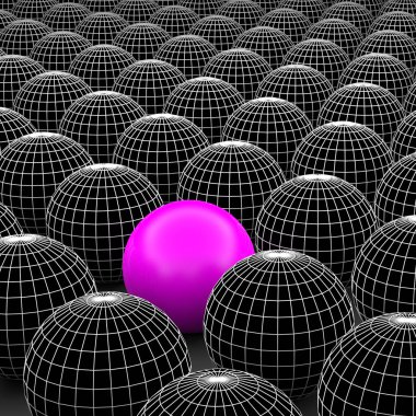 Kavram ya da kavramsal 3d resimde tel kafes siyah beyaz grup küreler veya kalabalık arka plan dışında özel bir farklı bir konumu olan topları