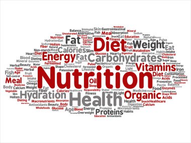 Kavram ya da kavramsal beslenme sağlık diyet soyut kelime izole bulut arka plan. Karbonhidratlar, vitaminler, yağ, ağırlık, enerji, antioksidanlar Güzellik Tıp, mineral, protein metin kolaj