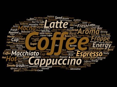 Kavramsal yaratıcı sıcak sabah İtalyan kahve molası, cappuccino veya espresso restoran veya kafeterya soyut arka plan üzerinde izole içecek kelime bulutu. Bir enerji ya da tat içecek konsepti metin