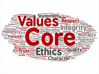 Kavramsal temel değerleri bütünlük etik kavramı kelime izole bulut arka plan soyut. Dürüstlük kalite güven, deyim, karakter, önemli azim, saygı güvenilir metin kolaj