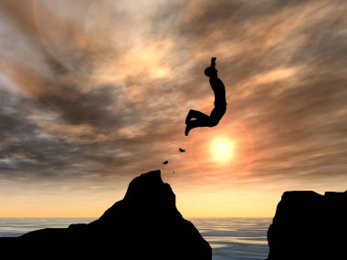 Kavram ya da kavramsal 3d resimde genç adam ya da işadamı siluet atlamak mutlu uçurumun üzerinden su gap gündoğumu veya günbatımı gökyüzü arka plan