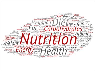 Kavram ya da kavramsal beslenme sağlık diyet soyut kelime izole bulut arka plan. Karbonhidratlar, vitaminler, yağ, ağırlık, enerji, antioksidanlar Güzellik Tıp, mineral, protein metin kolaj