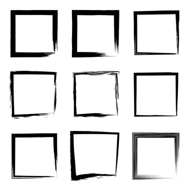 Koleksiyon veya sanatsal siyah boya el kümesi yaratıcı grungy fırça konturu kare kare veya beyaz arka plan üzerinde izole sınırları yaptı. Bir grunge eğitim kroki soyut yaratıcı mürekkep tasarım