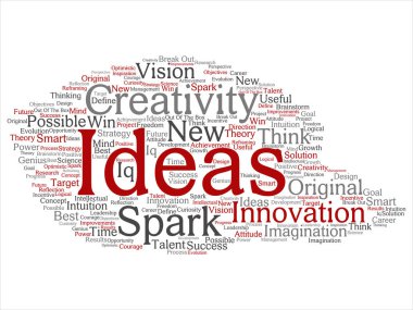 Kavram ya da soyut kelime beyin fırtınası kavramsal yaratıcı yeni bir fikir üzerinde izole arka plan bulut. Spark yaratıcılık, özgün yenilik vizyon, düşünmek, başarı, akıllı dahi metin kolaj