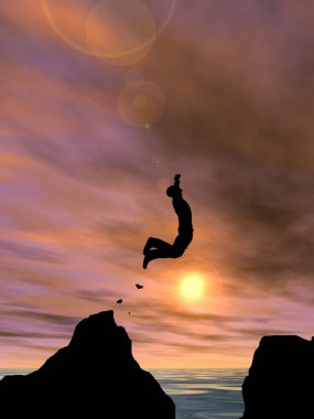 Kavram ya da kavramsal 3d resimde genç adam ya da işadamı siluet atlamak mutlu uçurumun üzerinden su gap gündoğumu veya günbatımı gökyüzü arka plan
