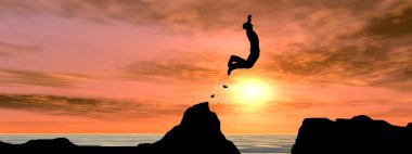 Kavram ya da kavramsal 3d resimde genç adam ya da işadamı siluet atlamak mutlu uçurumun üzerinden su gap gündoğumu veya günbatımı gökyüzü arka plan afiş
