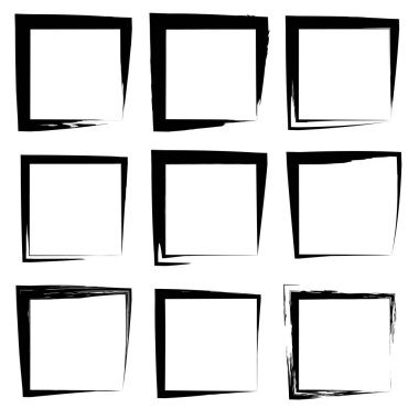 Koleksiyon veya sanatsal siyah boya el kümesi yaratıcı grungy fırça konturu kare kare veya beyaz arka plan üzerinde izole sınırları yaptı. Bir grunge eğitim kroki soyut yaratıcı mürekkep tasarım