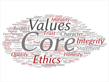 Kavramsal temel değerleri bütünlük etik kavramı kelime izole bulut arka plan soyut. Dürüstlük kalite güven, deyim, karakter, önemli azim, saygı güvenilir metin kolaj