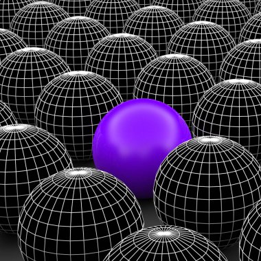 Kavram ya da kavramsal 3d resimde tel kafes siyah beyaz grup küreler veya kalabalık arka plan dışında özel bir farklı bir konumu olan topları