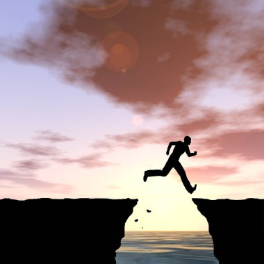 Kavram ya da kavramsal 3d resimde genç adam ya da işadamı siluet atlamak mutlu uçurumun üzerinden su gap gündoğumu veya günbatımı gökyüzü arka plan