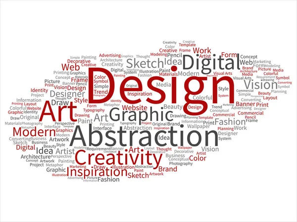 概念概念创意艺术图形标识设计视觉词云孤立的背景 拼贴的广告 角度或建模文本 — 图库照片