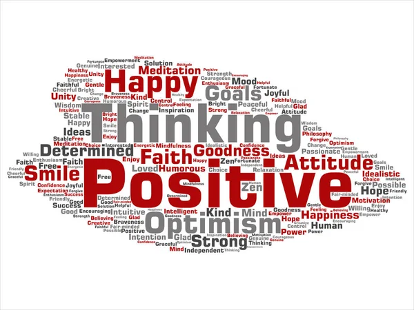 Concept, conceptual positive thinking, happy strong attitude abstract word cloud isolated on background. Collage of optimism smile, faith, courageous goals, goodness, happiness inspiration text