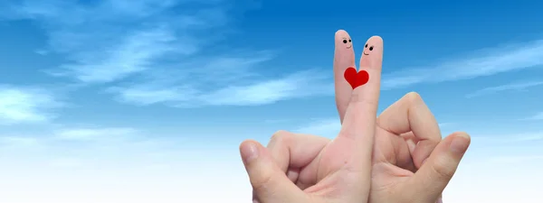 Concept Conceptual Human Female Hands Two Fingers Painted Red Heart — Stock Photo, Image