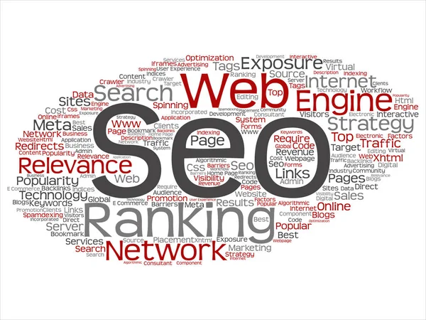 Conceptual search results engine optimization top rank, seo abstract online internet word cloud isolated on background. A marketing strategy web page content relevance network concept tagloud