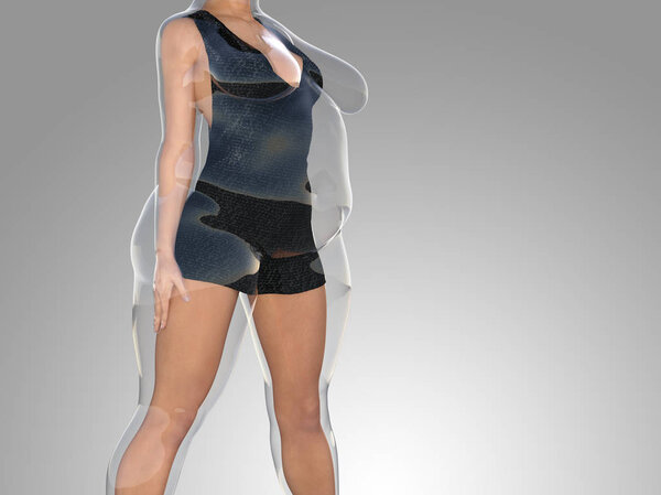 Концептуальный жир лишний вес толстая женщина против стройный подходят здоровое тело после потери веса или диеты с мышцами тонкой молодой женщины на сером. Фитнес, питание или ожирение, 3D иллюстрация формы здоровья
