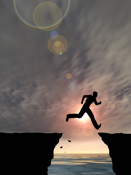 Concept or conceptual 3D illustration young man or businessman silhouette jump happy from cliff over water gap sunset or sunrise sky background