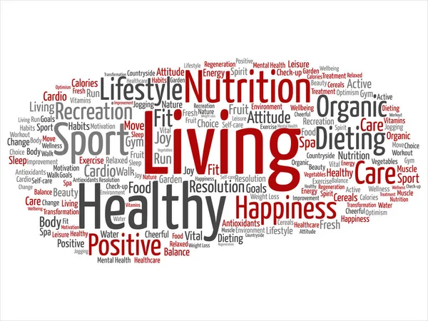 Concept or conceptual healthy living positive nutrition sport abstract word cloud isolated background. Collage of happiness, care, organic, recreation workout, beauty, vital healthcare spa text