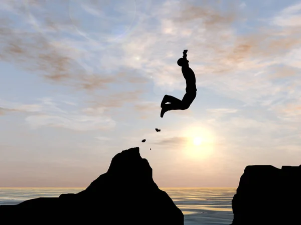 Concept Conceptual Illustration Young Man Businessman Silhouette Jump Happy Cliff — Stock Photo, Image