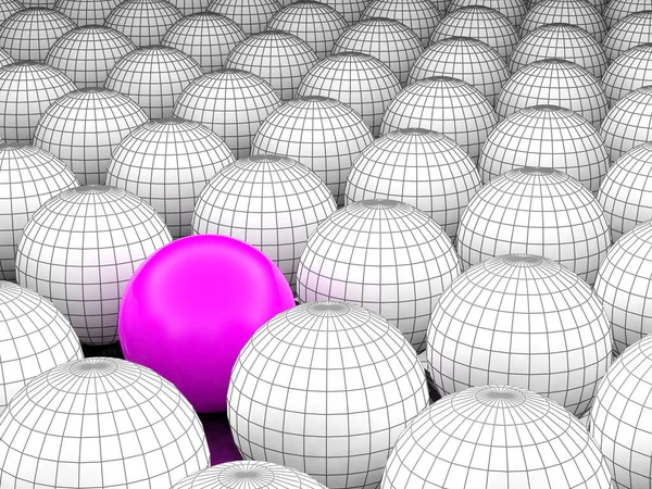 Concept or conceptual 3D illustration wireframe black and white group of spheres or balls with a special different one standing out of crowd background