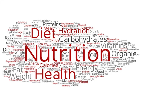 Koncepcja Lub Koncepcyjne Odżywianie Zdrowie Dieta Streszczenie Słowo Cloud Białym — Zdjęcie stockowe