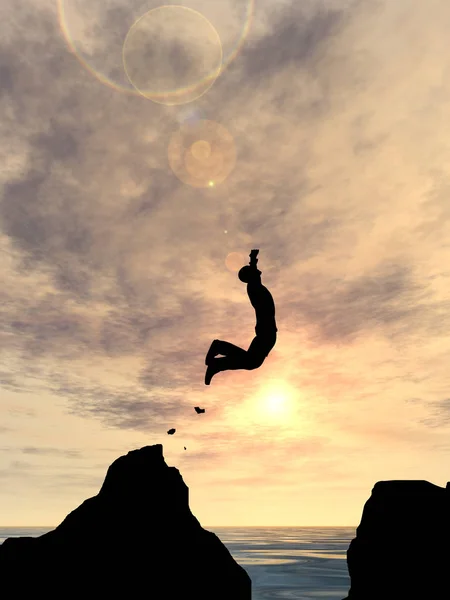 Concept Conceptual Illustration Young Man Businessman Silhouette Jump Happy Cliff — Stock Photo, Image