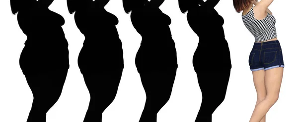 Koncepcyjne Tłuszczu Nadwaga Otyłość Kobieta Slim Fit Zdrowego Ciała Odchudzaniu — Zdjęcie stockowe