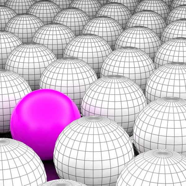Concept or conceptual 3D illustration wireframe black and white group of spheres or balls with a special different one standing out of crowd background
