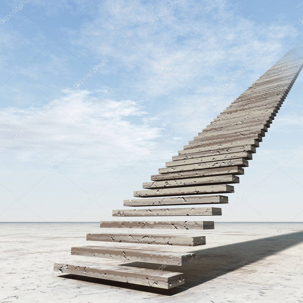 Concept or conceptual 3D illustration stair steps to heaven on sky background in desert with clouds