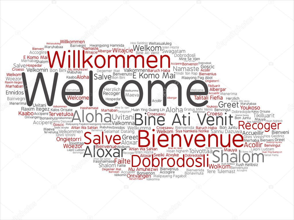 Concept or conceptual abstract welcome or greeting international word cloud in different languages or multilingual. Collage of world, foreign, worldwide travel, translate, vacation tourism text