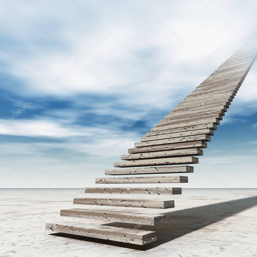 Concept or conceptual 3D illustration stair steps to heaven on sky background in desert with clouds