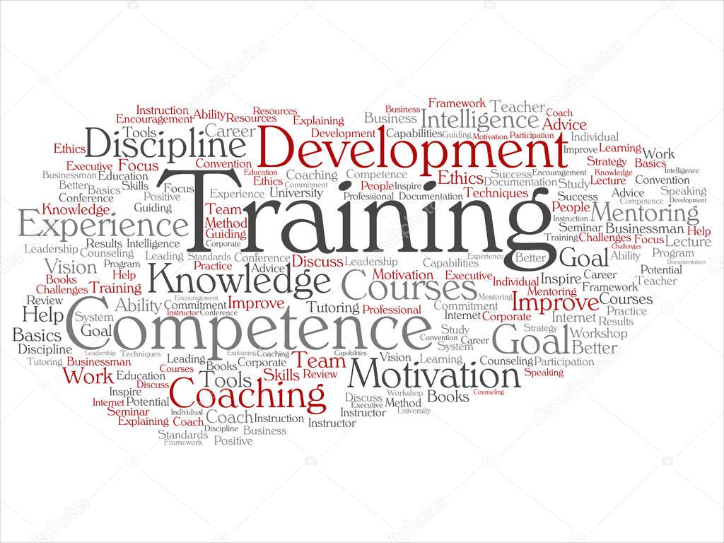 Concept or conceptual training, coaching or learning, study word cloud isolated on background. Collage of mentoring, development, motivation skills, career, potential goals or competence text