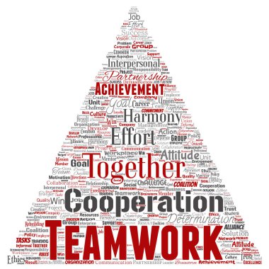 Vektör kavramsal ekip çalışması yönetimi üçgen ok kırmızı ortaklık fikri, arka plan başarı hedefi kelime bulutu izole. Kolaj iş stratejisi, işbirliği çözüm ya da takım kavramı tasarım grubu