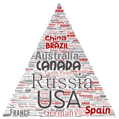 Vektör kavramsal dünya ülke ya da kıta üçgen kırmızı ok küresel birlik, tatil seyahat kelime bulutu arka plan izole. Uluslararası ulus coğrafya eğitim veya Turizm kavramı kolaj