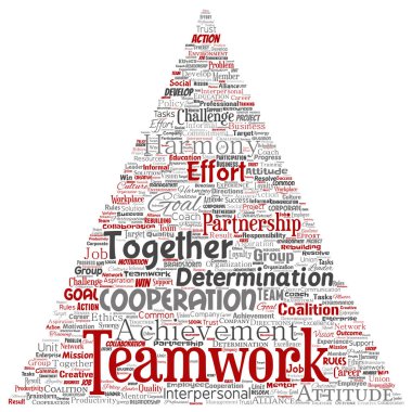 Vektör kavramsal ekip çalışması yönetimi üçgen ok kırmızı ortaklık fikri, arka plan başarı hedefi kelime bulutu izole. Kolaj iş stratejisi, işbirliği çözüm ya da takım kavramı tasarım grubu