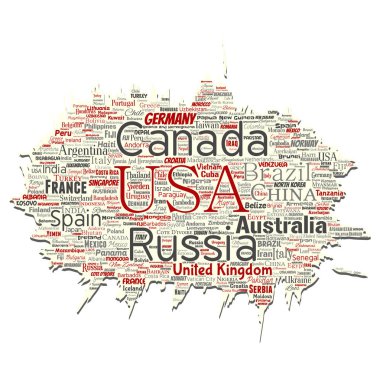 Vektör kavramsal dünya ülke ya da kıta eski yırtık kağıt kırmızı küresel birlik, tatil seyahat kelime bulutu arka plan izole. Uluslararası ulus coğrafya eğitim veya Turizm kavramı kolaj