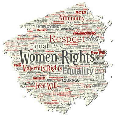 Vektör kavramsal kadın hakları, eşitlik, serbest eski yırtık kağıt kelime izole bulut arka plan. Feminizm, güçlendirme, dürüstlük, fırsatları, farkındalık, cesaret, eğitim kavramı kolaj
