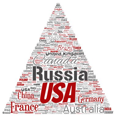 Vektör kavramsal dünya ülke ya da kıta üçgen kırmızı ok küresel birlik, tatil seyahat kelime bulutu arka plan izole. Uluslararası ulus coğrafya eğitim veya Turizm kavramı kolaj