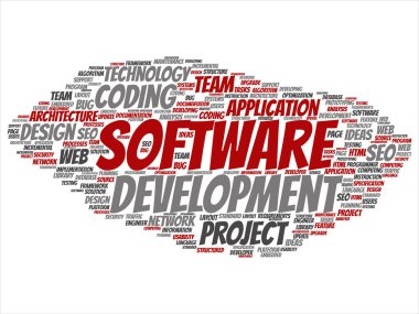 Vektör kavram ya da kavramsal yazılım geliştirme projesi teknoloji soyut kelime bulutu kodlama arka plan izole. Uygulama web tasarım, seo fikir, uygulama, test yükseltme metin kolaj