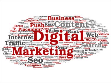 Vektör kavram ya da kavramsal dijital pazarlama seo trafik soyut kelime bulutu arka plan üzerinde izole. İş, Pazar, içerik, arama, web itme, yerleşim, iletişim teknolojisi metin kolaj