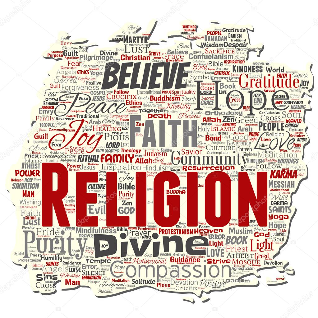 Vector conceptual religion, god, faith, spirituality old torn paper  word cloud isolated background. Collage of worship, love, prayer, belief, gratitude, hope, divine, symbol, spirit, church concept