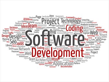 Kavram ya da kavramsal yazılım geliştirme projesi teknoloji soyut kelime bulutu kodlama arka plan izole. Uygulama web tasarım, seo fikir, uygulama, test yükseltme metin kolaj