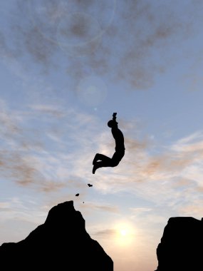 Kavram ya da kavramsal genç 3d çizim adam ya da işadamı siluet atlamak mutlu uçurum boşluk gündoğumu veya günbatımı gökyüzü arka plan üzerinde