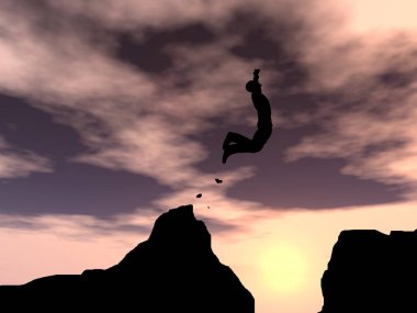 Kavram ya da kavramsal genç 3d çizim adam ya da işadamı siluet atlamak mutlu uçurum boşluk gündoğumu veya günbatımı gökyüzü arka plan üzerinde